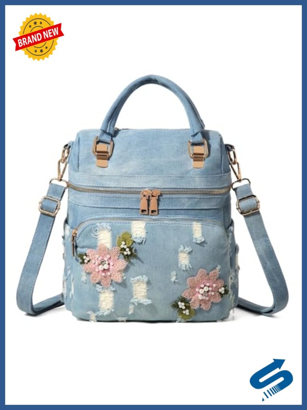 Washed Denim Backpack Purse for Women – Distressed Jean Daypack with Floral